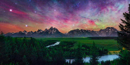 Colorful Night Sky Above Tetons and Snake River