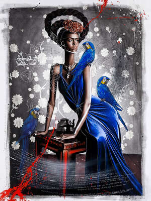  Curated abstract blue artworks: Black Frida with Blue Macaws by Efren Isaza