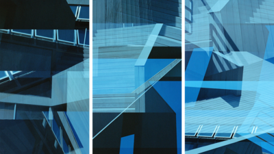  Curated abstract blue artworks: Gwathmey House Triptych by Jenny Okun