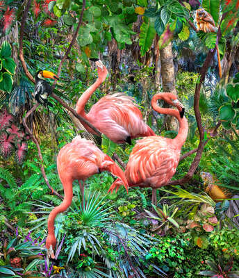  Bilder mit Schattenfugenrahmen: Three Flamingos and Assorted Admirers von Pat Swain