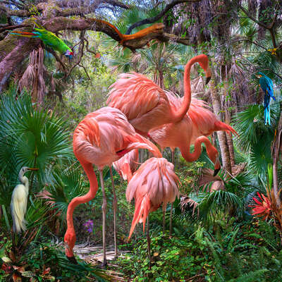animal wall art:  Lost Flamingos and Some Acquaintances by Pat Swain